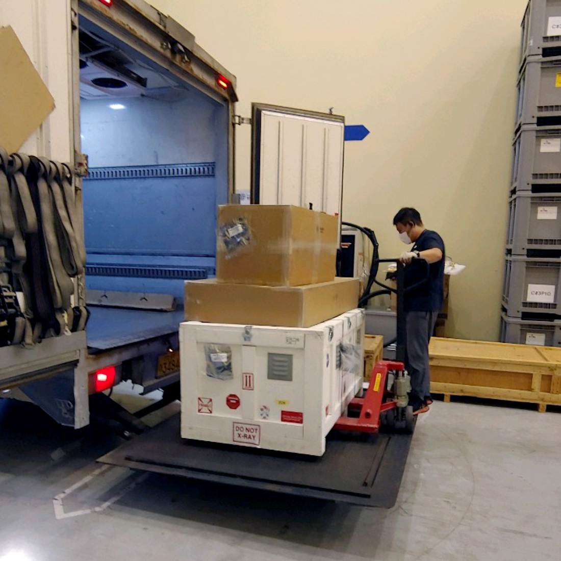 The ShadowCam instrument getting unloaded from the courier truck at KARI in South Korea on 17 August 2021.